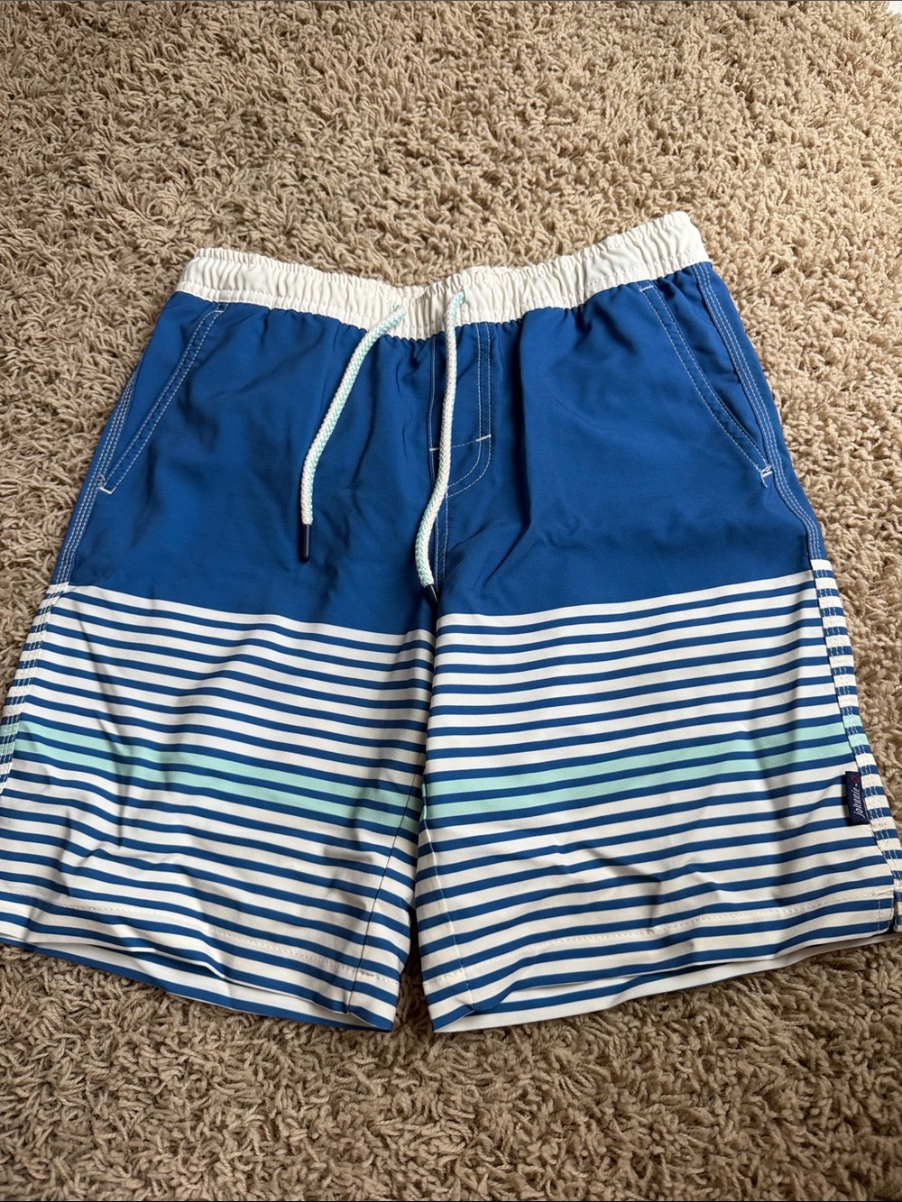 Johnnie-O Boys Blue Stripe Swim Trunks with White Waistband